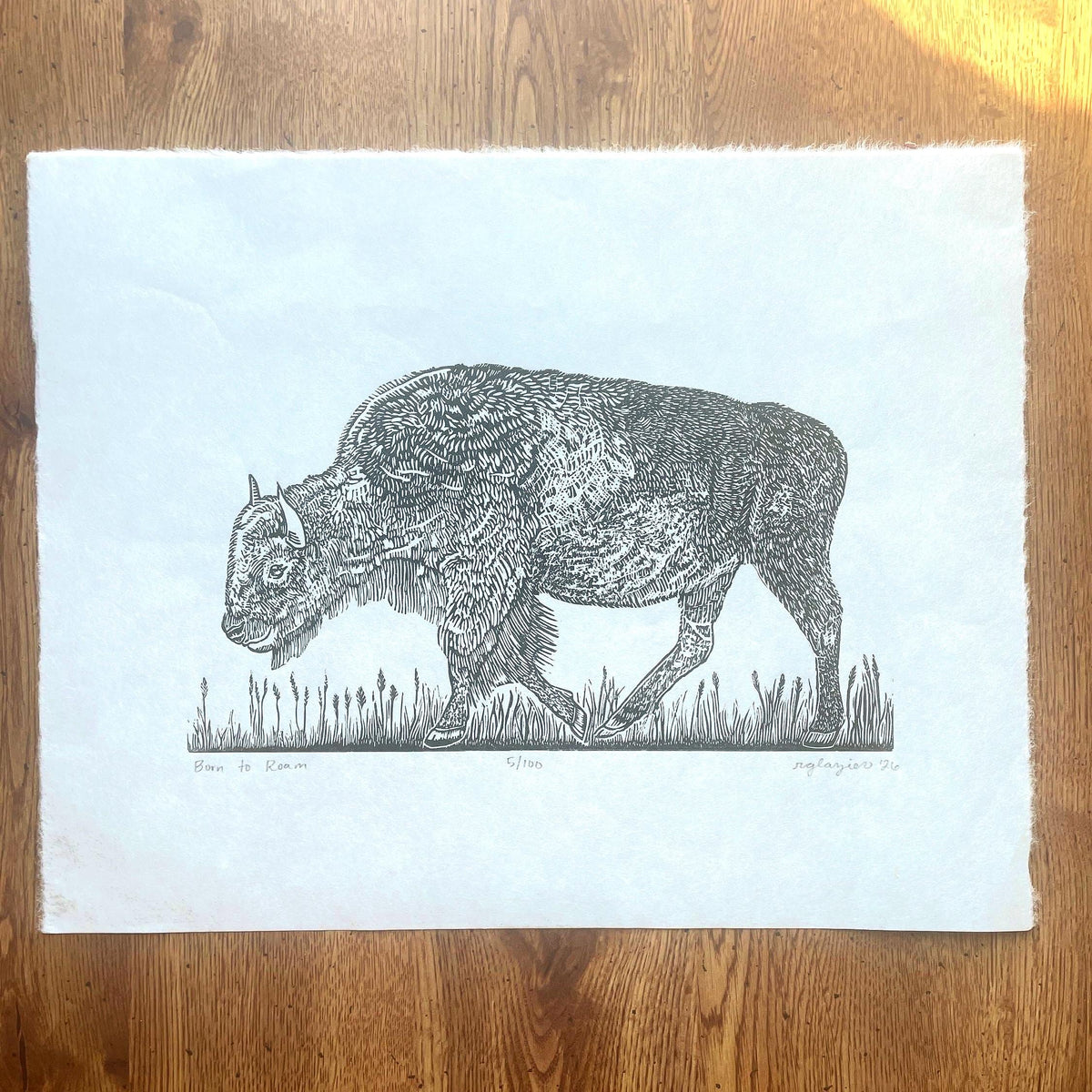 Bison Linocut Print 11x14in- “Born to Roam” original hand-carved, hand-printed linoleum relief print