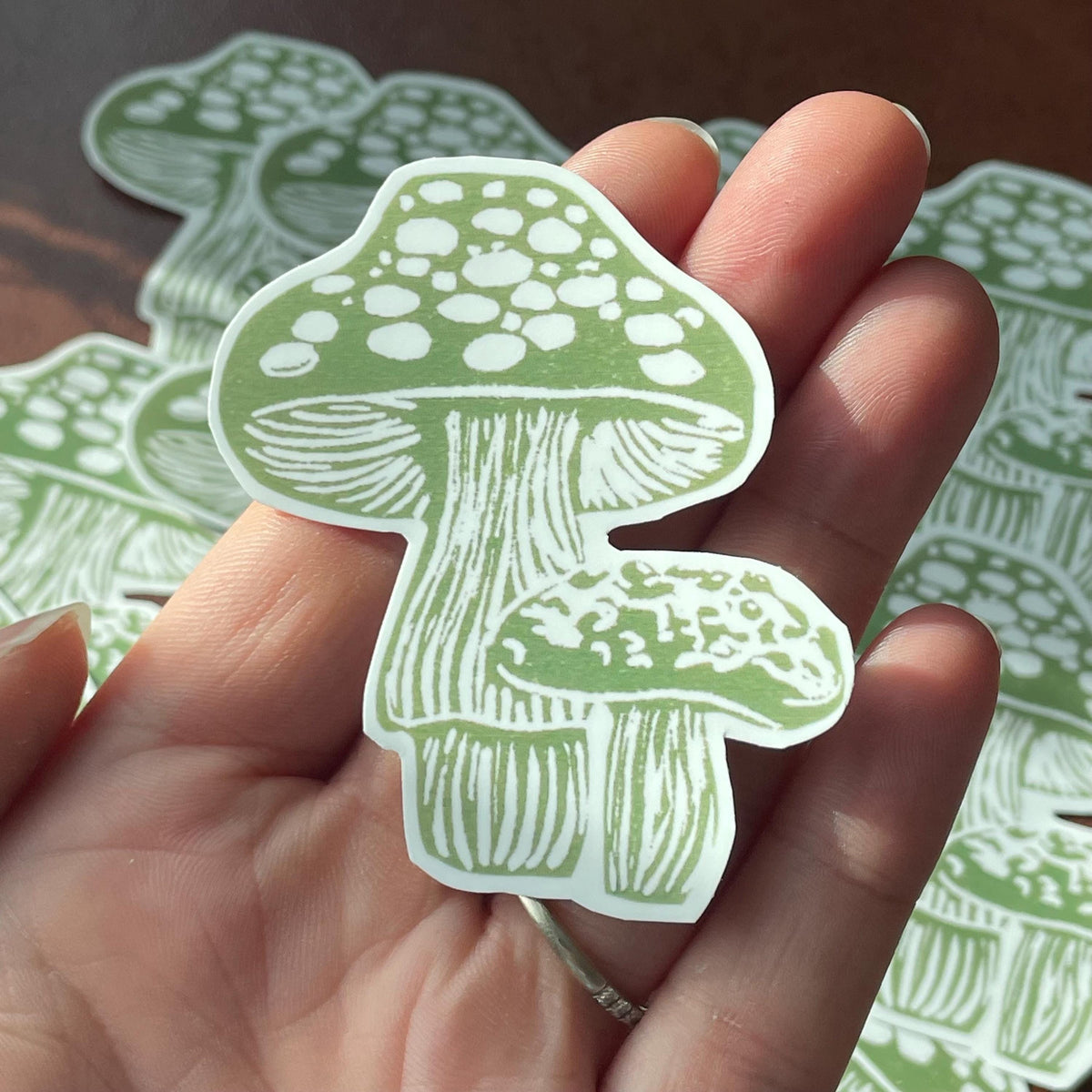 Green Mushroom Linocut Sticker