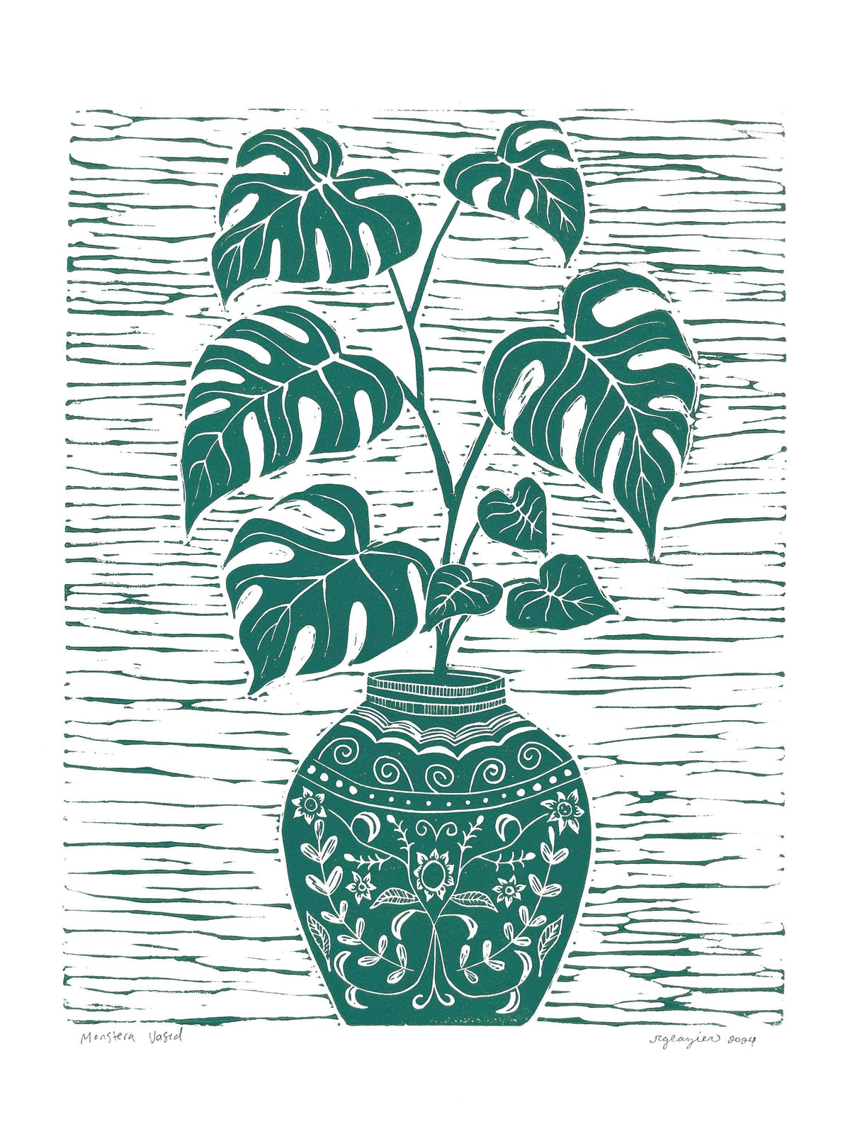 Monstera Vased 11x14 Linocut Block Print- Original Hand-Carved Linoprint