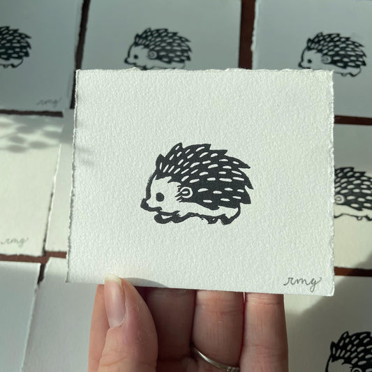 Hedgehog Mini Linocut Print 3x4”- Original Hand-Carved Linoprint