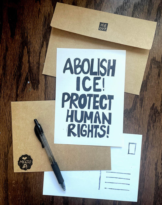 Abolish ICE postcard hand carved, block printed with ice out envelope (5x7”)