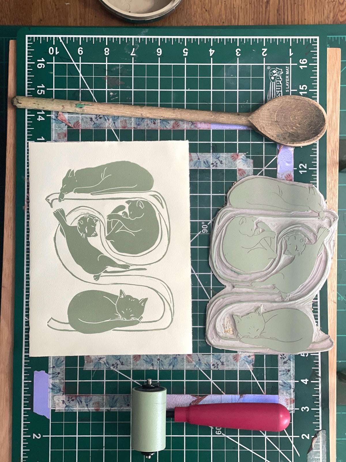 Kittens in Ribbon Linocut Print- Original Hand-Carved Art (8x10")
