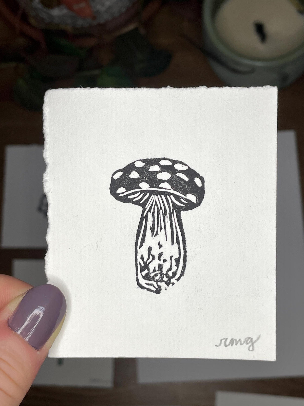 Mushroom Mini Linocut Print 2x3” - Original Hand-Carved Linoprint