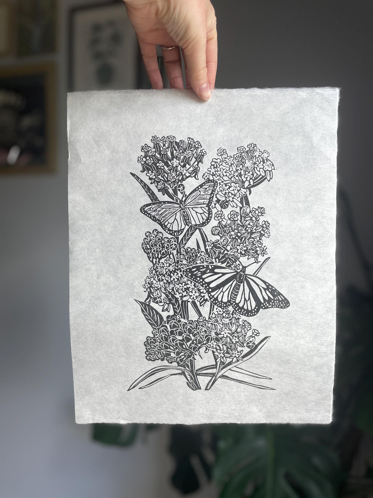 Monarchs and Milkweed Linocut Print 11x14in- Original Hand-Carved Linoprint