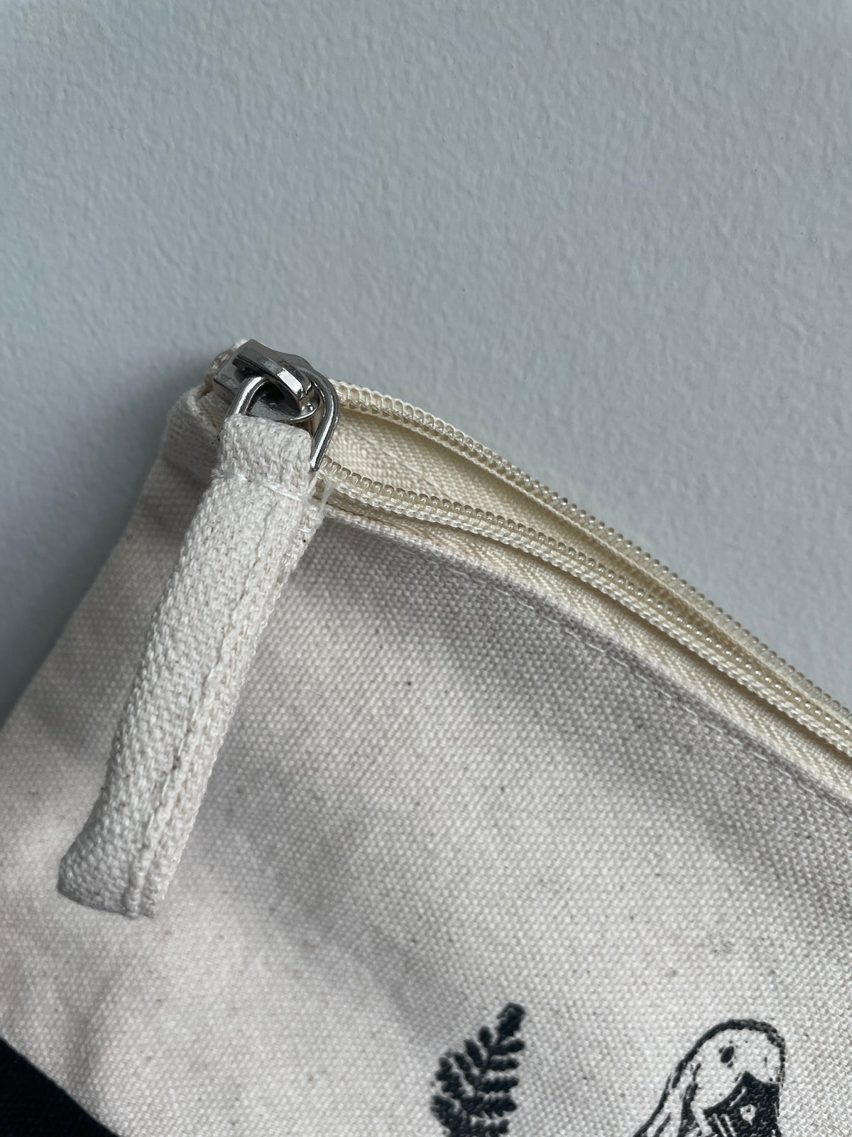 Duck and Ferns Linocut Relief Printed Pencil Bag with zipper Natural Canvas And Black 6x8”