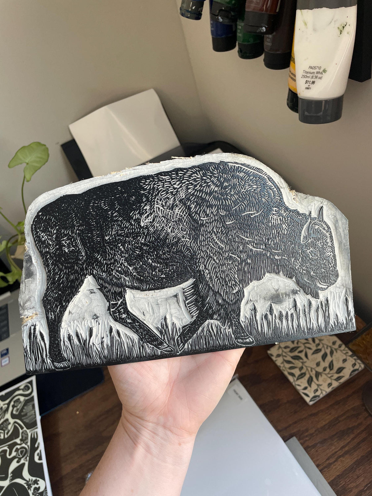 Bison Linocut Print 11x14in- “Born to Roam” original hand-carved, hand-printed linoleum relief print