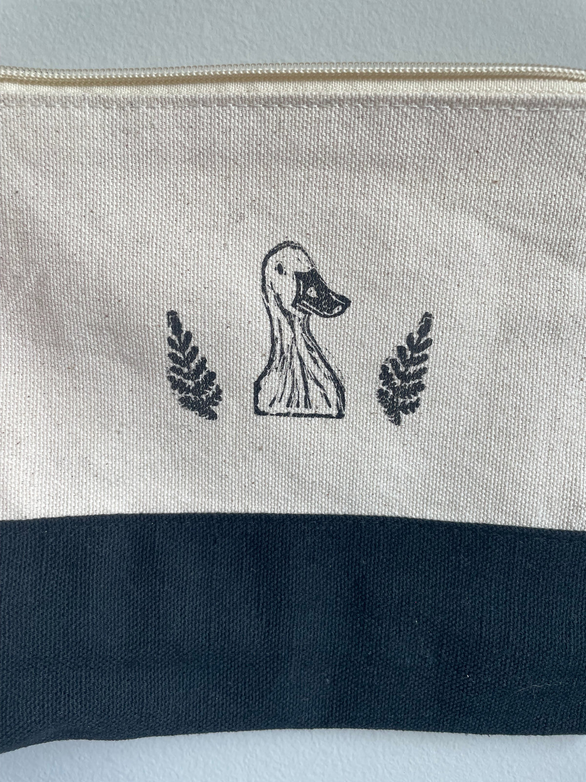 Duck and Ferns Linocut Relief Printed Pencil Bag with zipper Natural Canvas And Black 6x8”