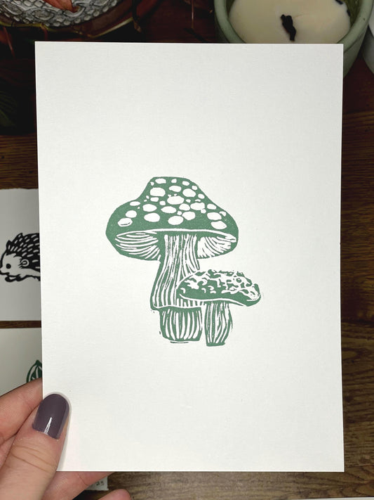 Green Mushroom 5x7 Linocut Print- Original Hand-Carved Linoprint