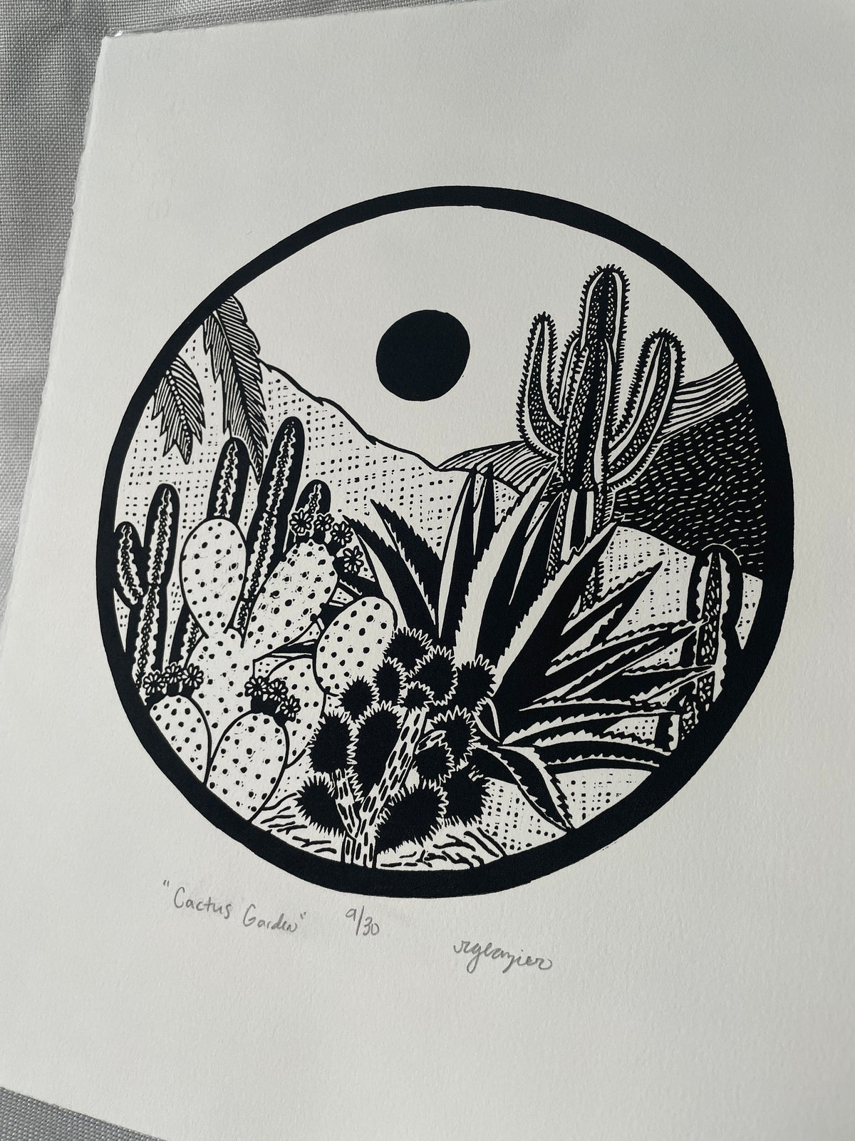 Cactus Garden Linocut Print 11x14”- Original Hand-Carved Linoprint