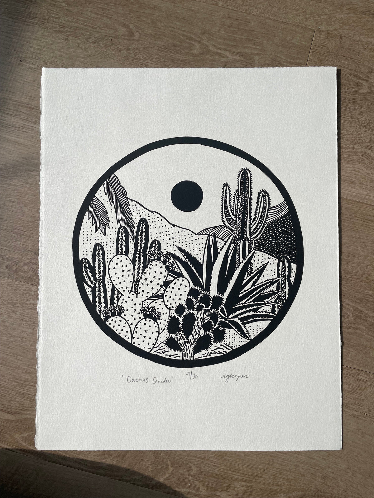 Cactus Garden Linocut Print 11x14”- Original Hand-Carved Linoprint