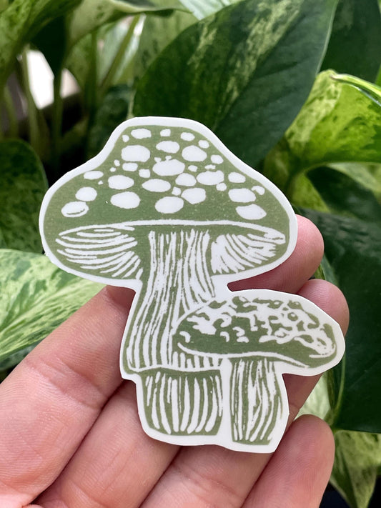 Green Mushroom Linocut Sticker