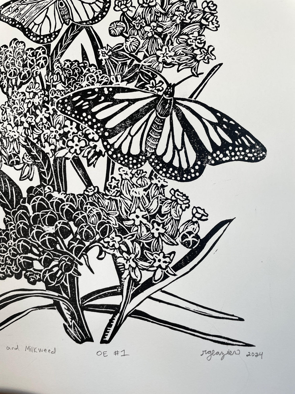 Monarchs and Milkweed Linocut Print 11x14in- Original Hand-Carved Linoprint