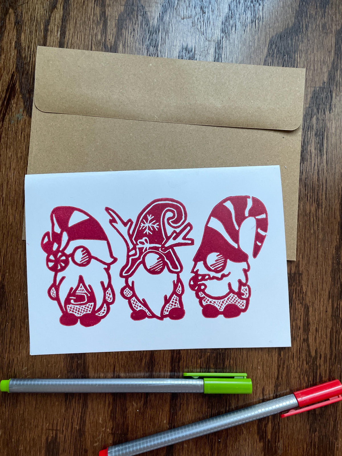 Holiday Gnomes Christmas Seasons Greetings Card, blank inside, envelope included