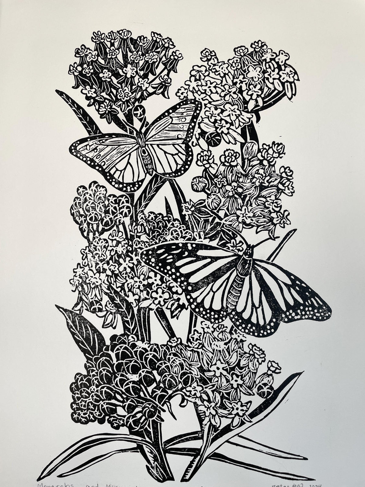 Monarchs and Milkweed Linocut Print 11x14in- Original Hand-Carved Linoprint