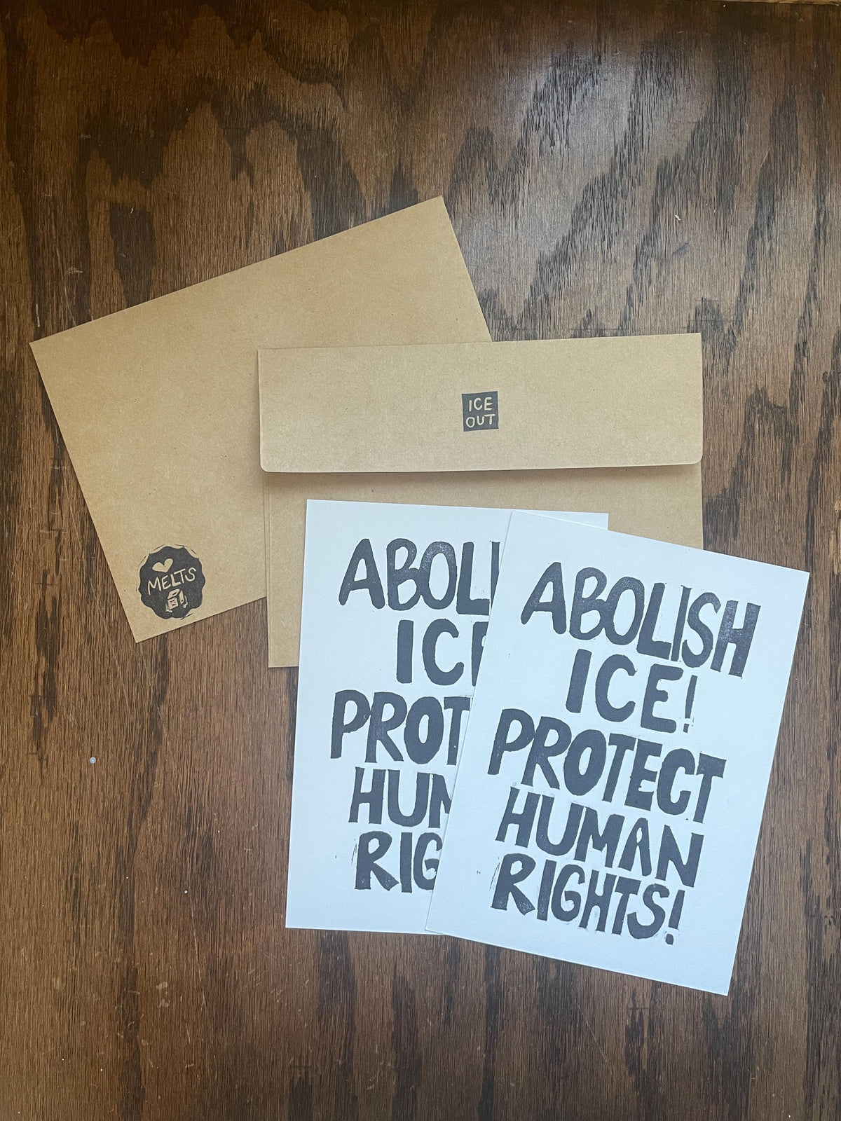Abolish ICE postcard hand carved, block printed with ice out envelope (5x7”)