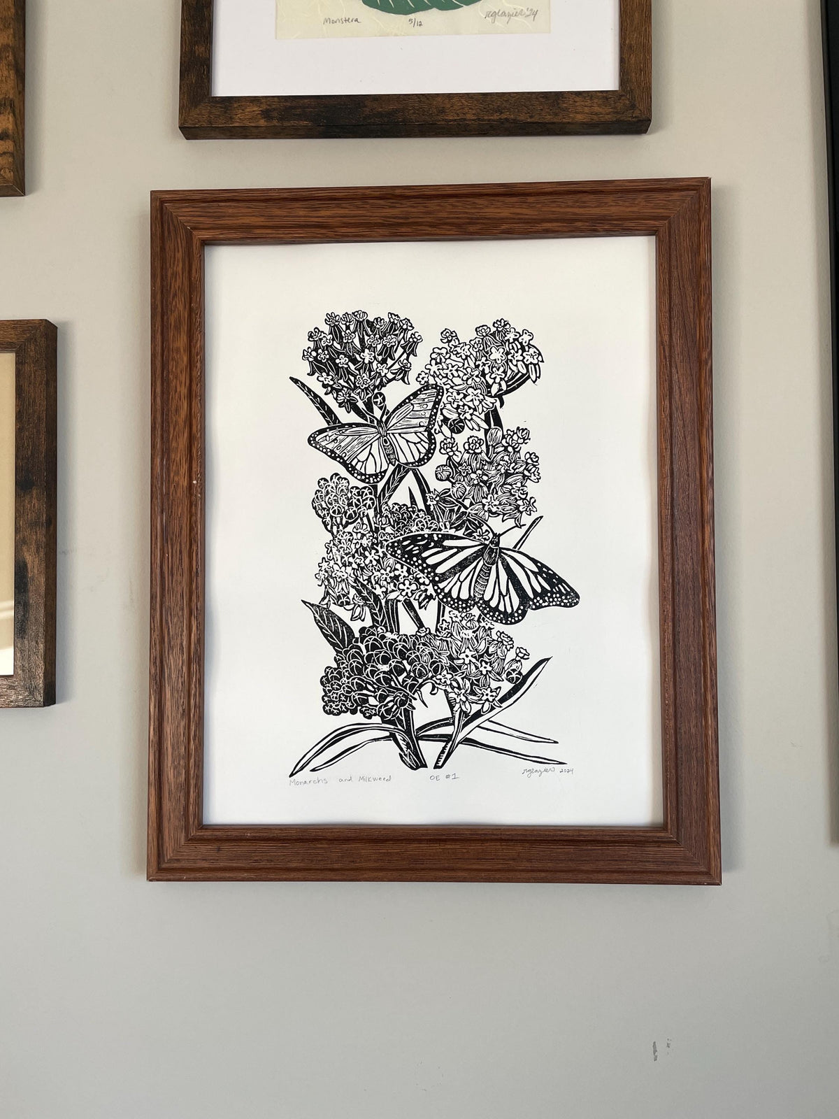 Monarchs and Milkweed Linocut Print 11x14in- Original Hand-Carved Linoprint