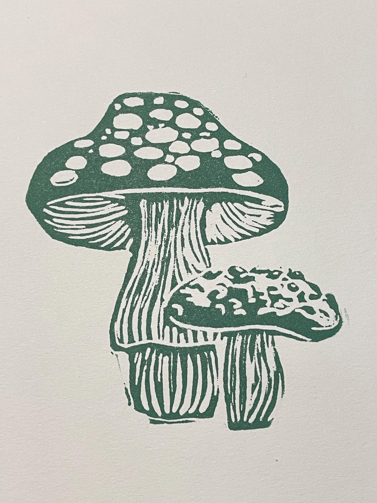 Green Mushroom 5x7 Linocut Print- Original Hand-Carved Linoprint