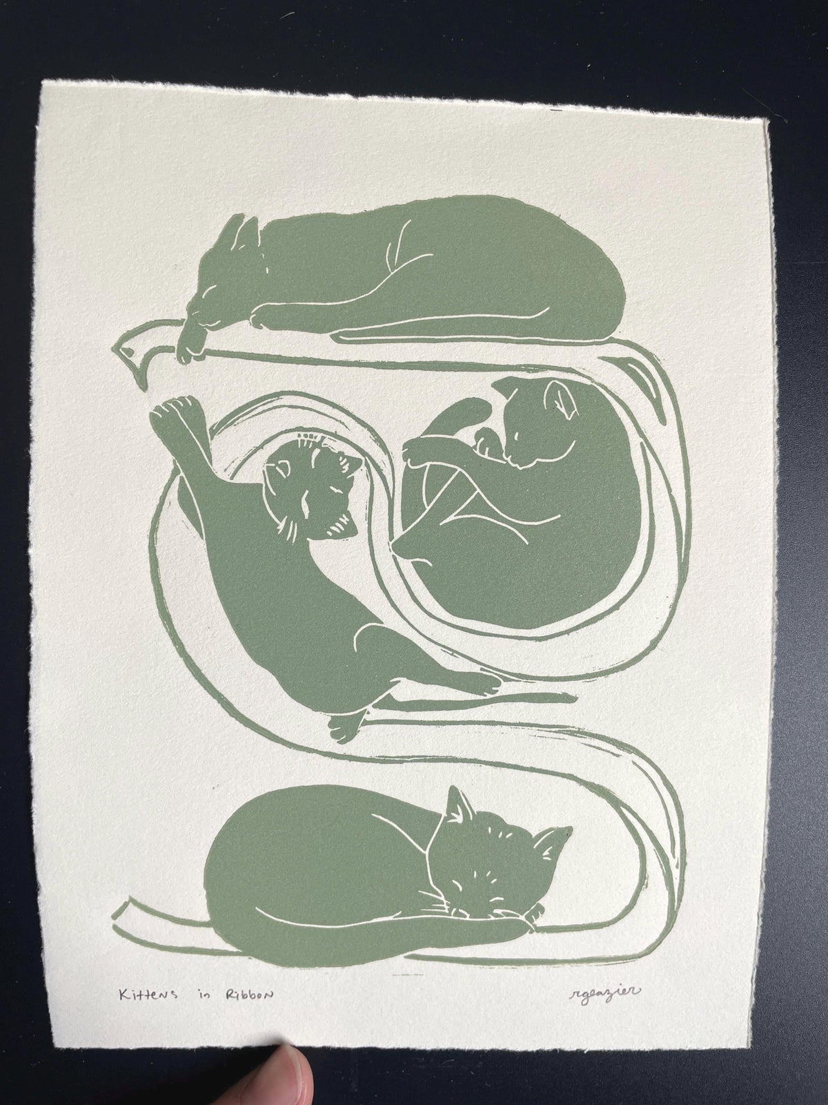 Kittens in Ribbon Linocut Print- Original Hand-Carved Art (8x10")