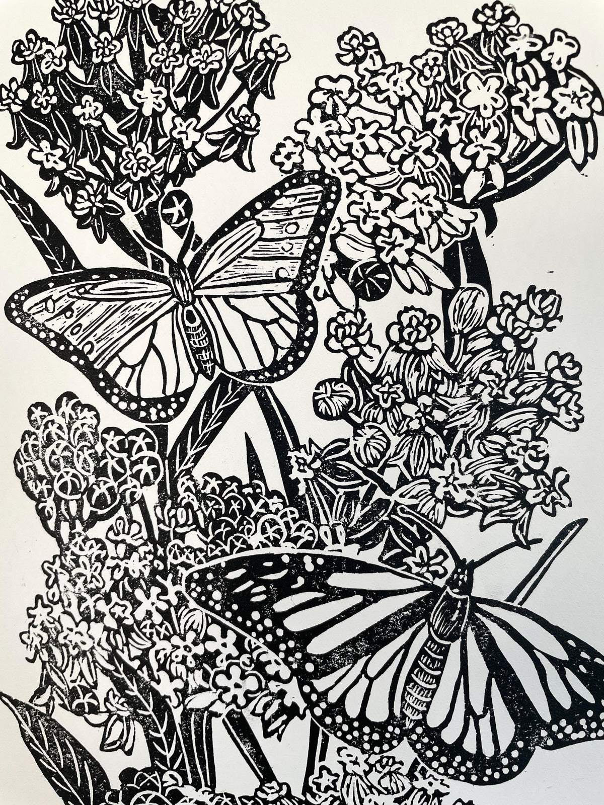 Monarchs and Milkweed Linocut Print 11x14in- Original Hand-Carved Linoprint