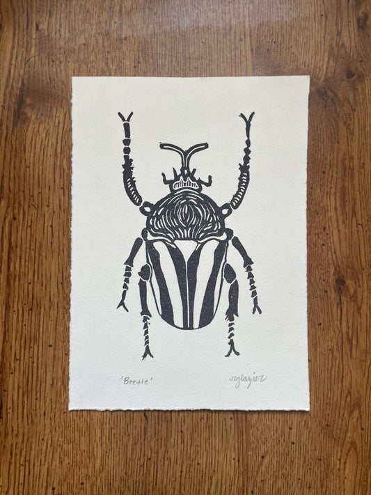 Beetle Original 5x7 Linocut Print- Original Hand-Carved Linoprint