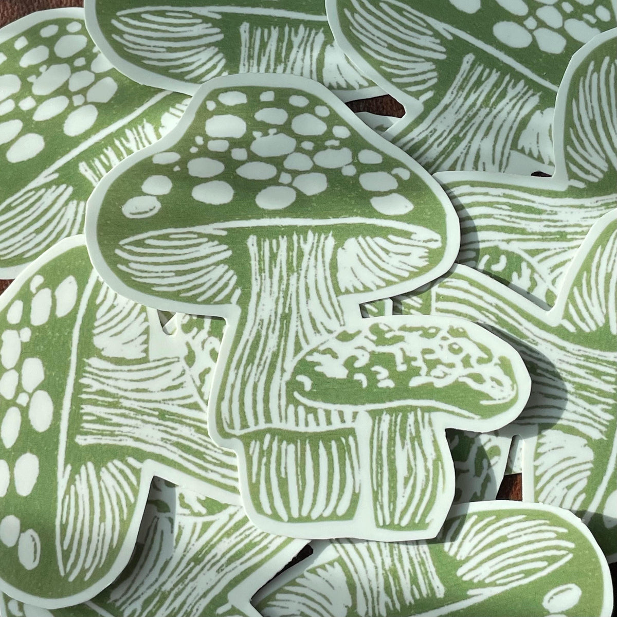 Green Mushroom Linocut Sticker
