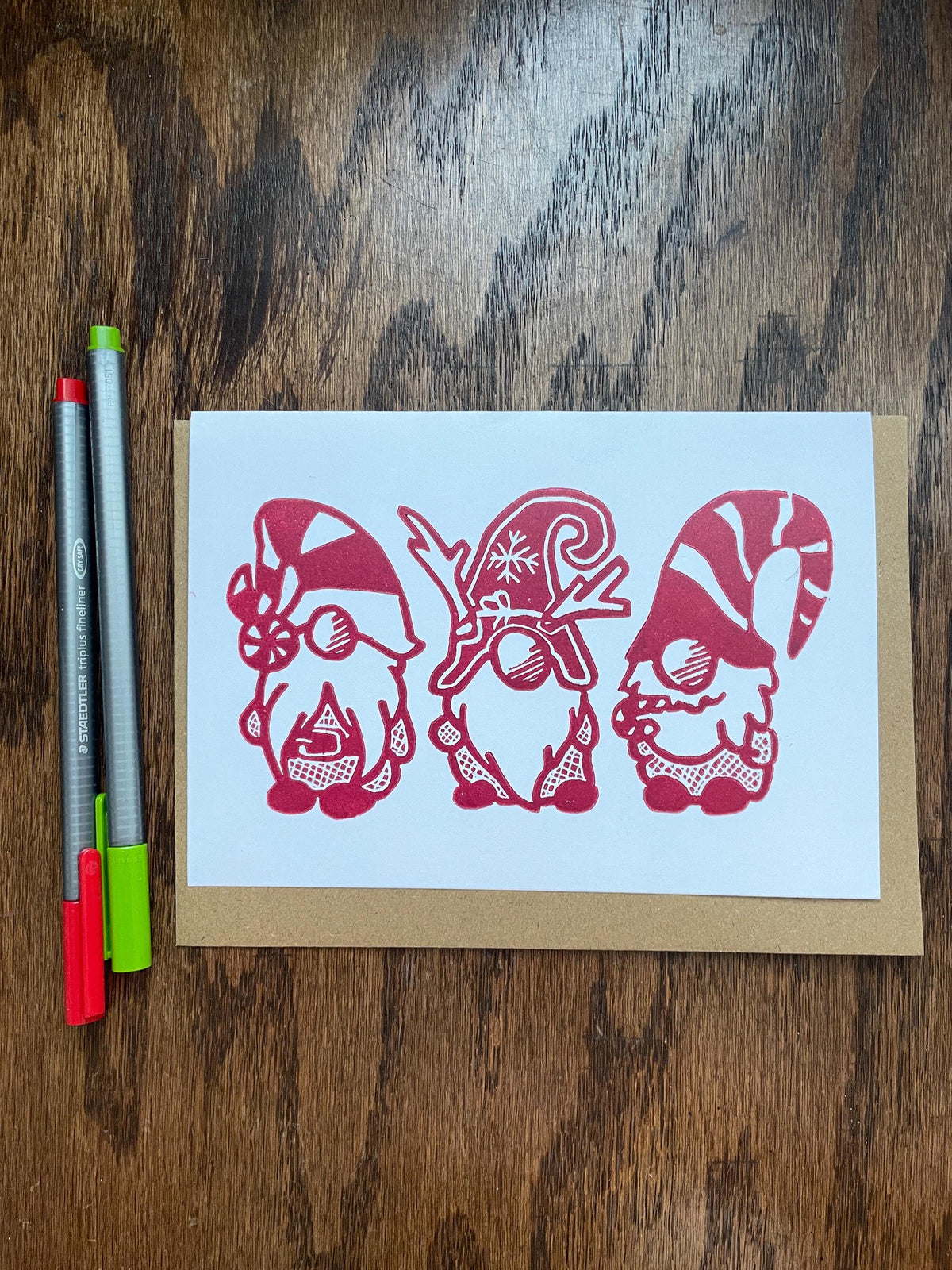 Holiday Gnomes Christmas Seasons Greetings Card, blank inside, envelope included