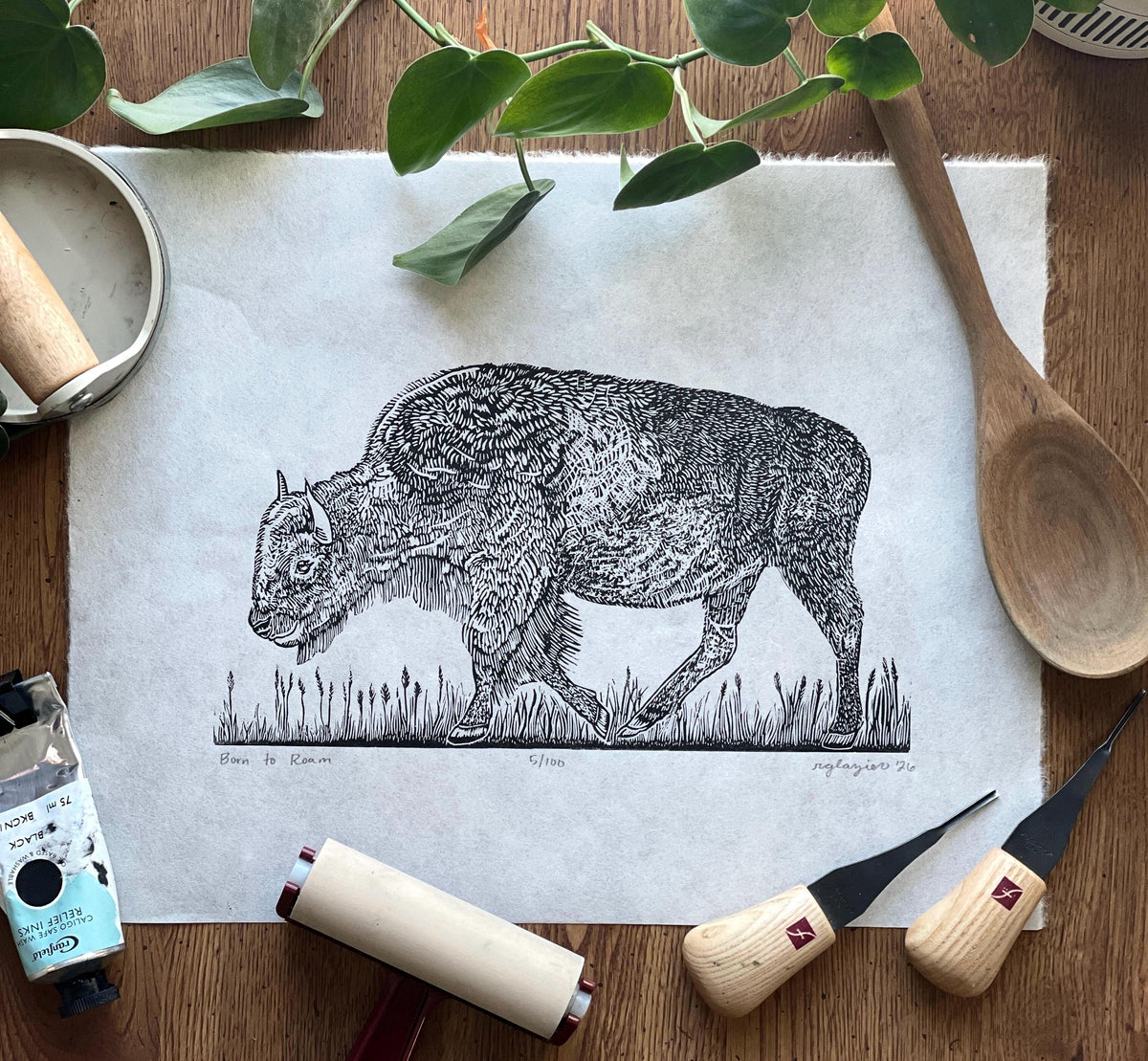 Bison Linocut Print 11x14in- “Born to Roam” original hand-carved, hand-printed linoleum relief print