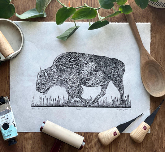 Bison Linocut Print 11x14in- “Born to Roam” original hand-carved, hand-printed linoleum relief print