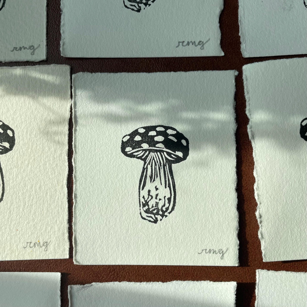 Mushroom Mini Linocut Print 2x3” - Original Hand-Carved Linoprint
