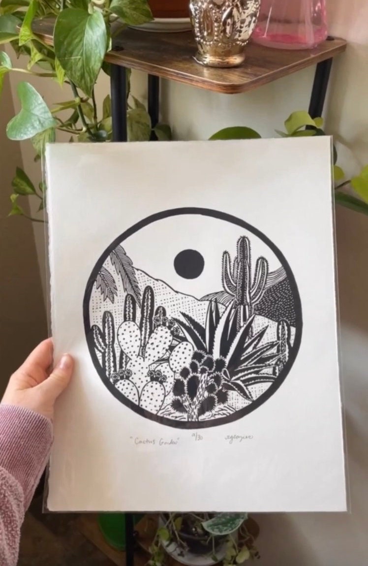 Cactus Garden Linocut Print 11x14”- Original Hand-Carved Linoprint