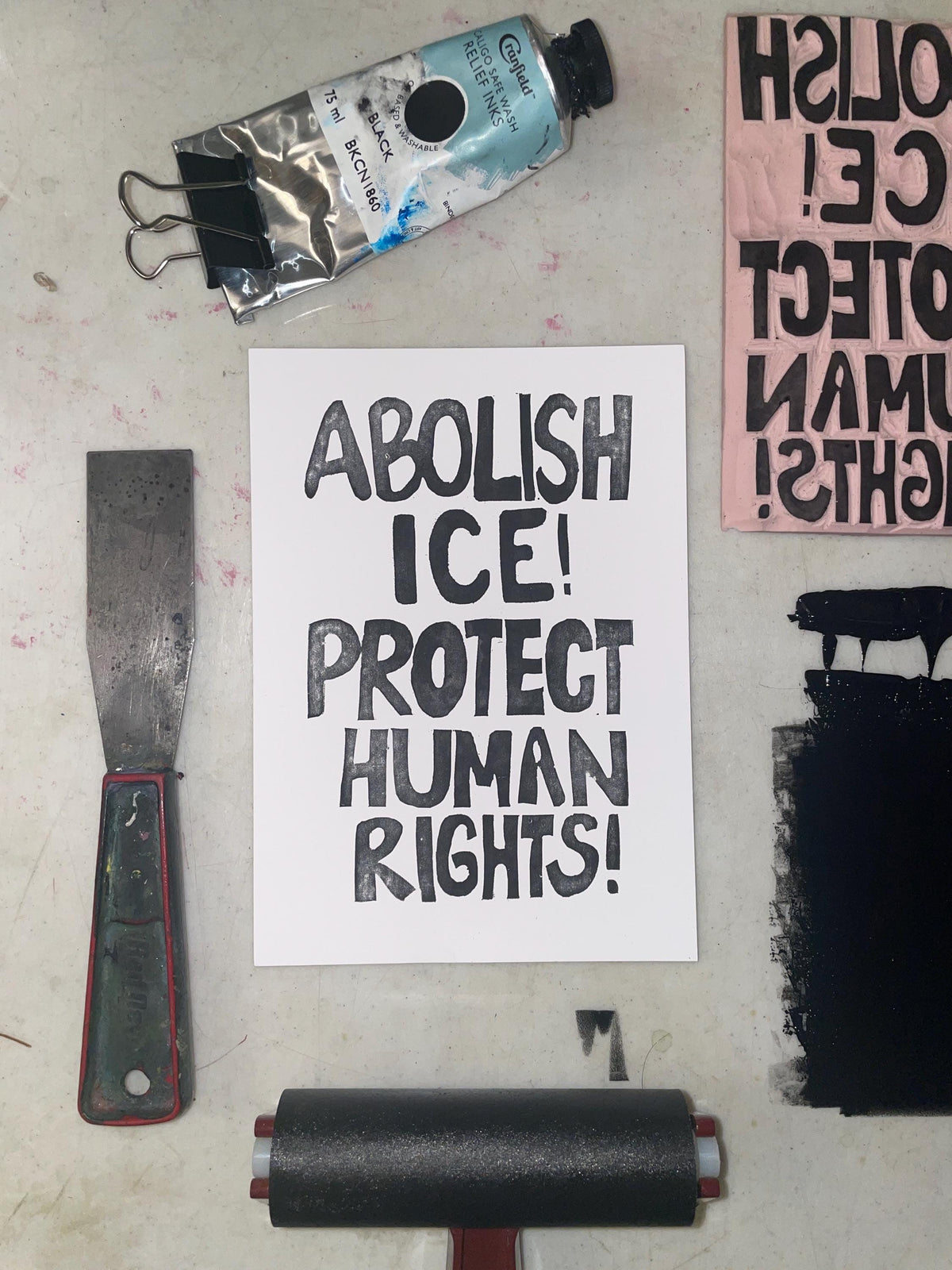 Abolish ICE postcard hand carved, block printed with ice out envelope (5x7”)