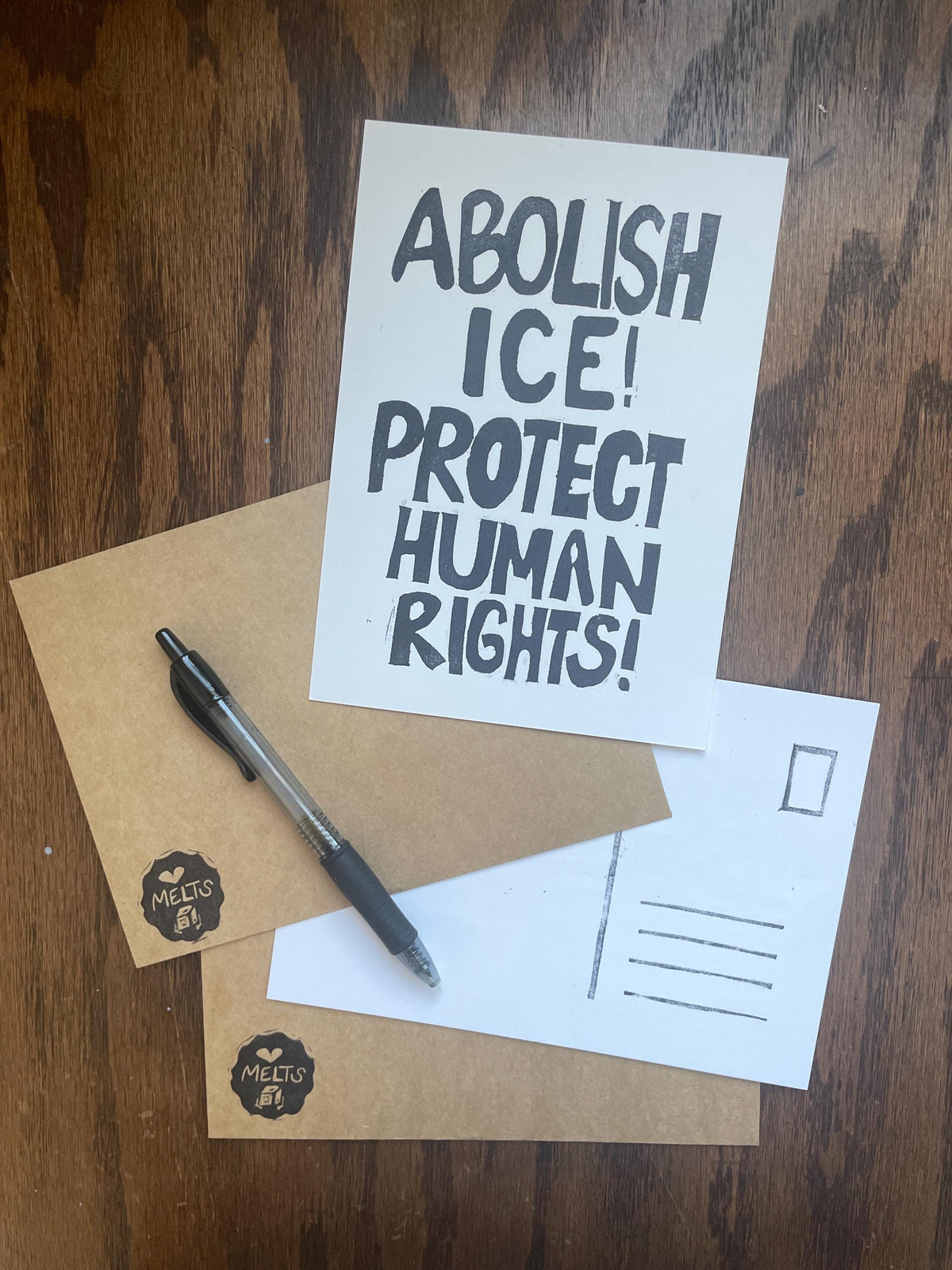 Abolish ICE postcard hand carved, block printed with ice out envelope (5x7”)
