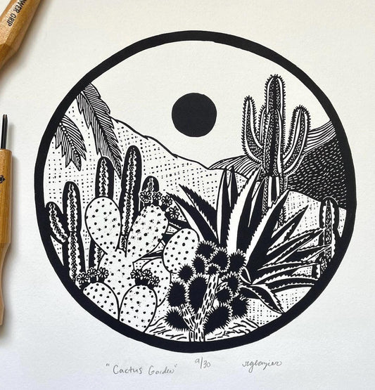 Cactus Garden Linocut Print 11x14”- Original Hand-Carved Linoprint