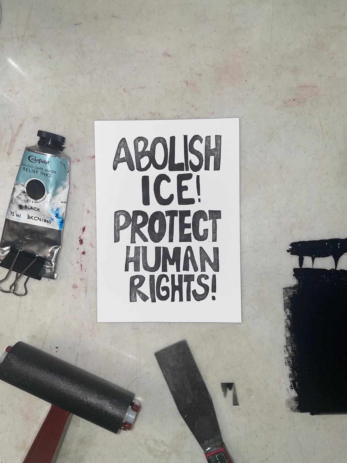 Abolish ICE postcard hand carved, block printed with ice out envelope (5x7”)