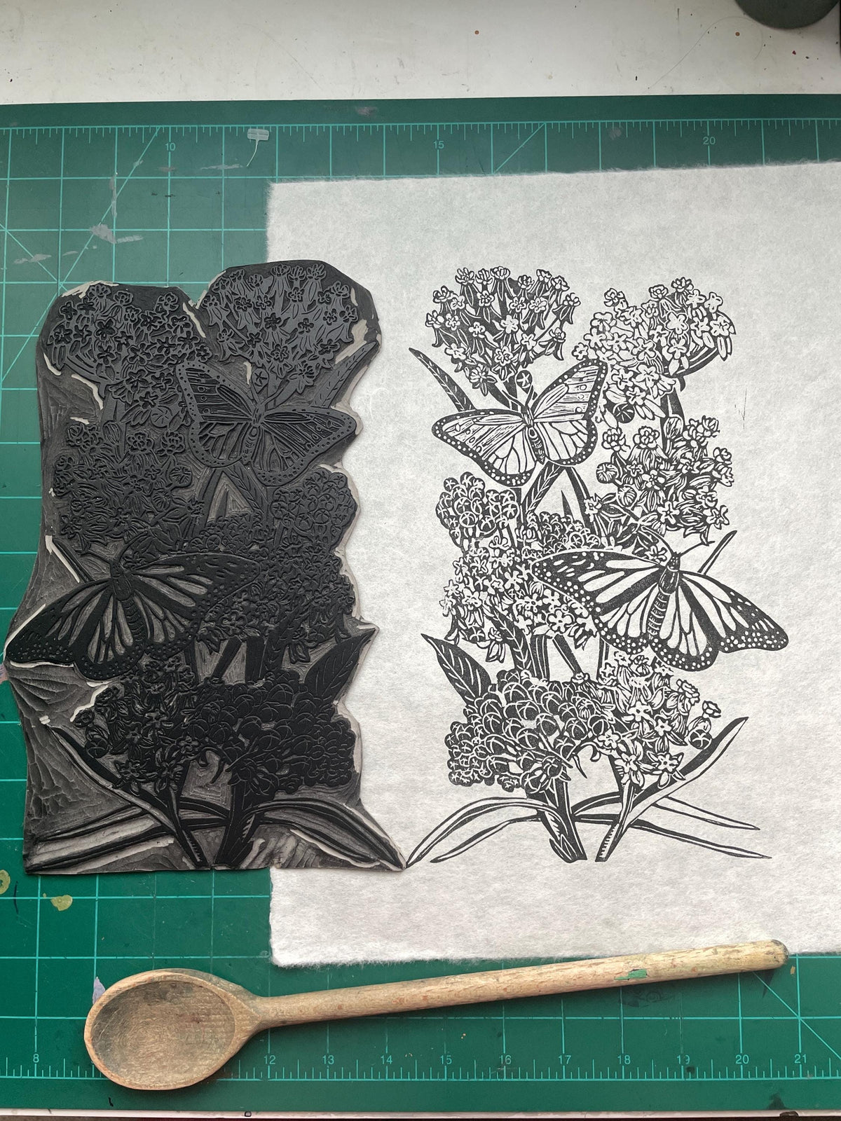Monarchs and Milkweed Linocut Print 11x14in- Original Hand-Carved Linoprint