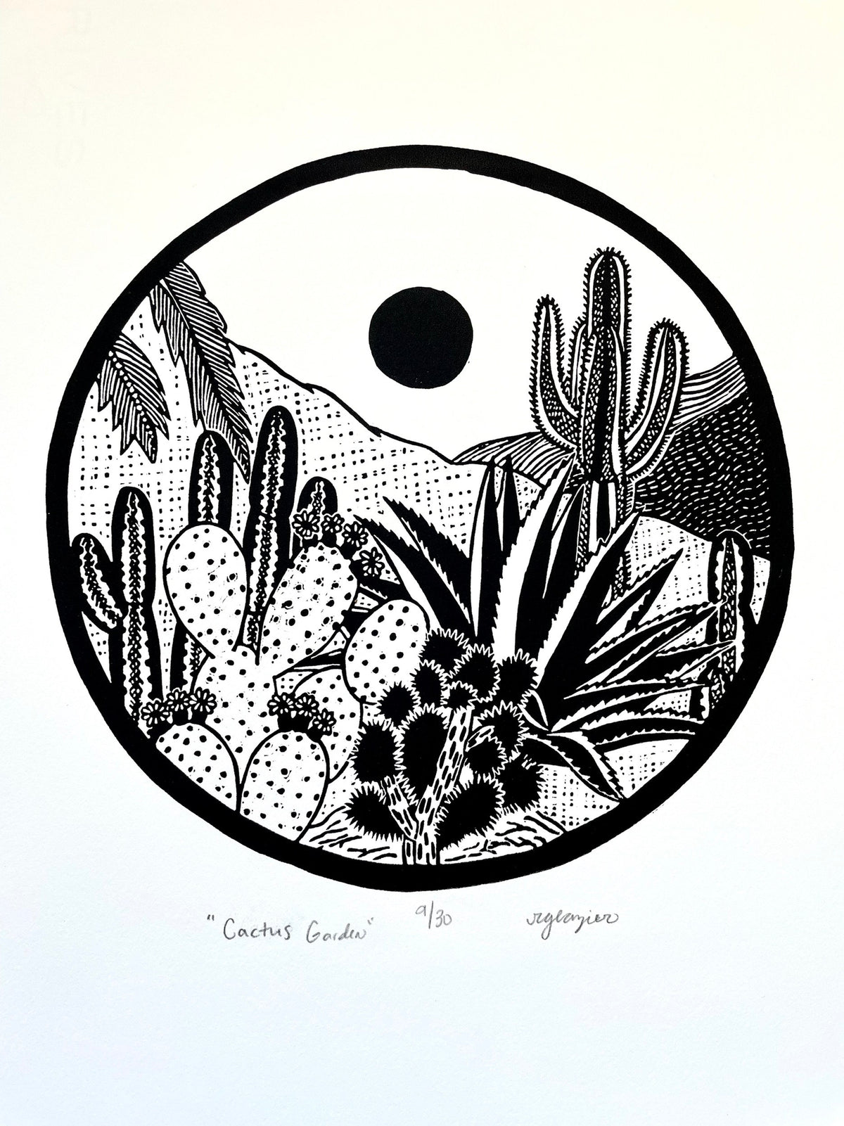 Cactus Garden Linocut Print 11x14”- Original Hand-Carved Linoprint