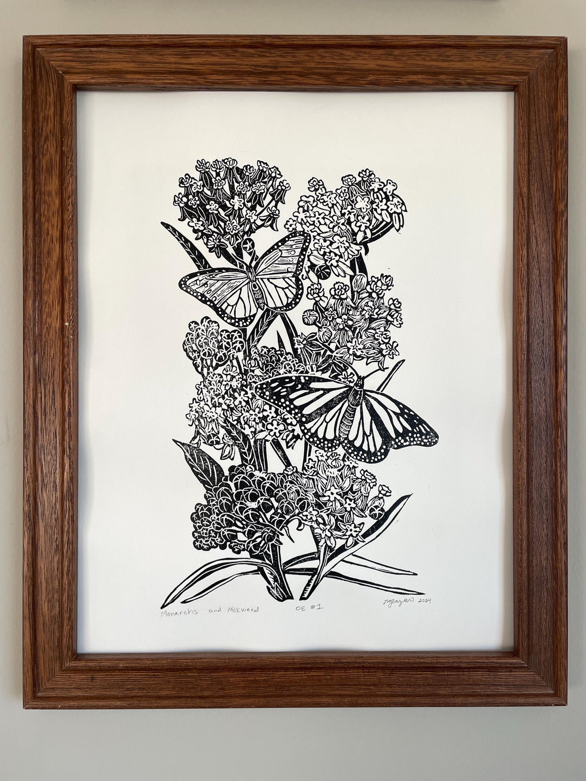 Monarchs and Milkweed Linocut Print 11x14in- Original Hand-Carved Linoprint
