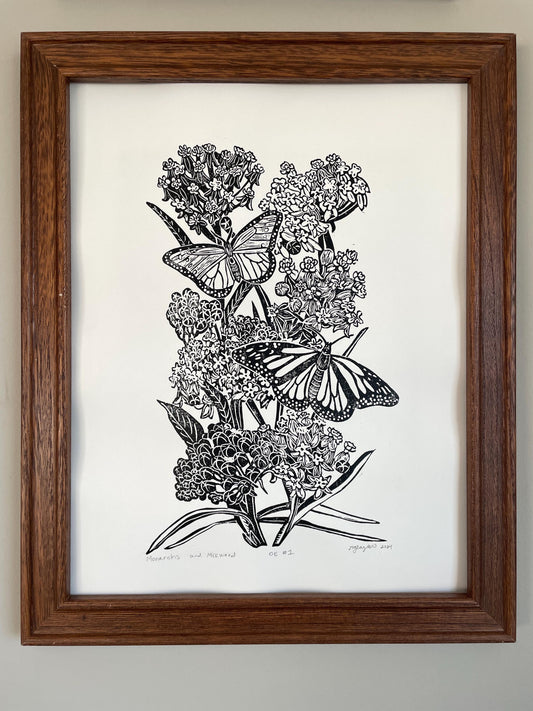 Monarchs and Milkweed Linocut Print 11x14in- Original Hand-Carved Linoprint
