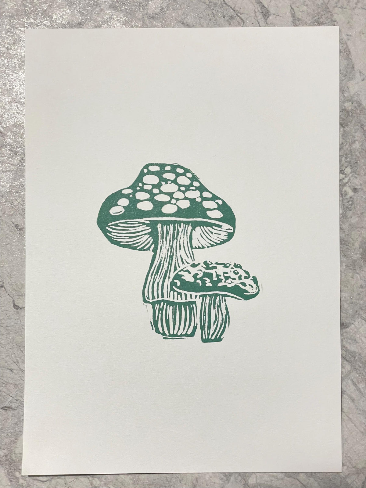 Green Mushroom 5x7 Linocut Print- Original Hand-Carved Linoprint