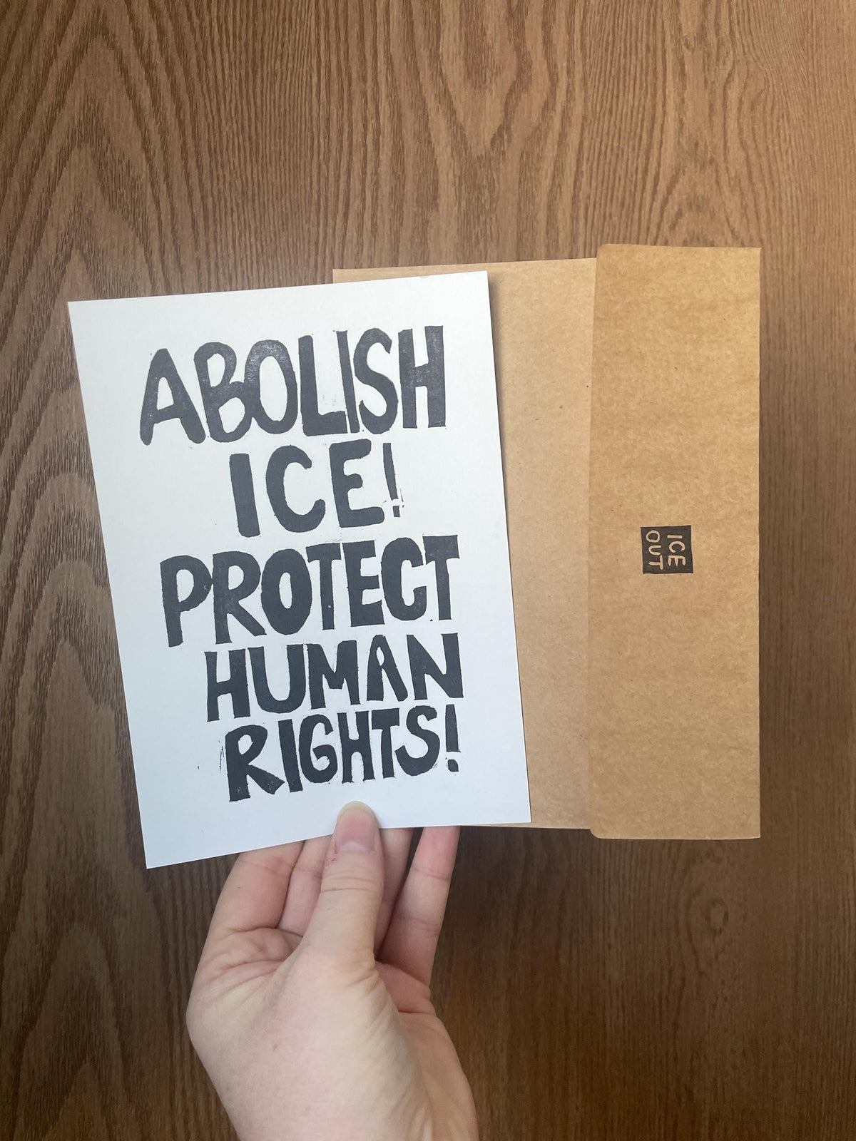 Abolish ICE postcard hand carved, block printed with ice out envelope (5x7”)