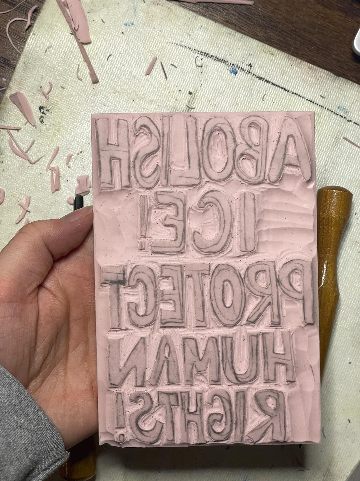 Abolish ICE postcard hand carved, block printed with ice out envelope (5x7”)