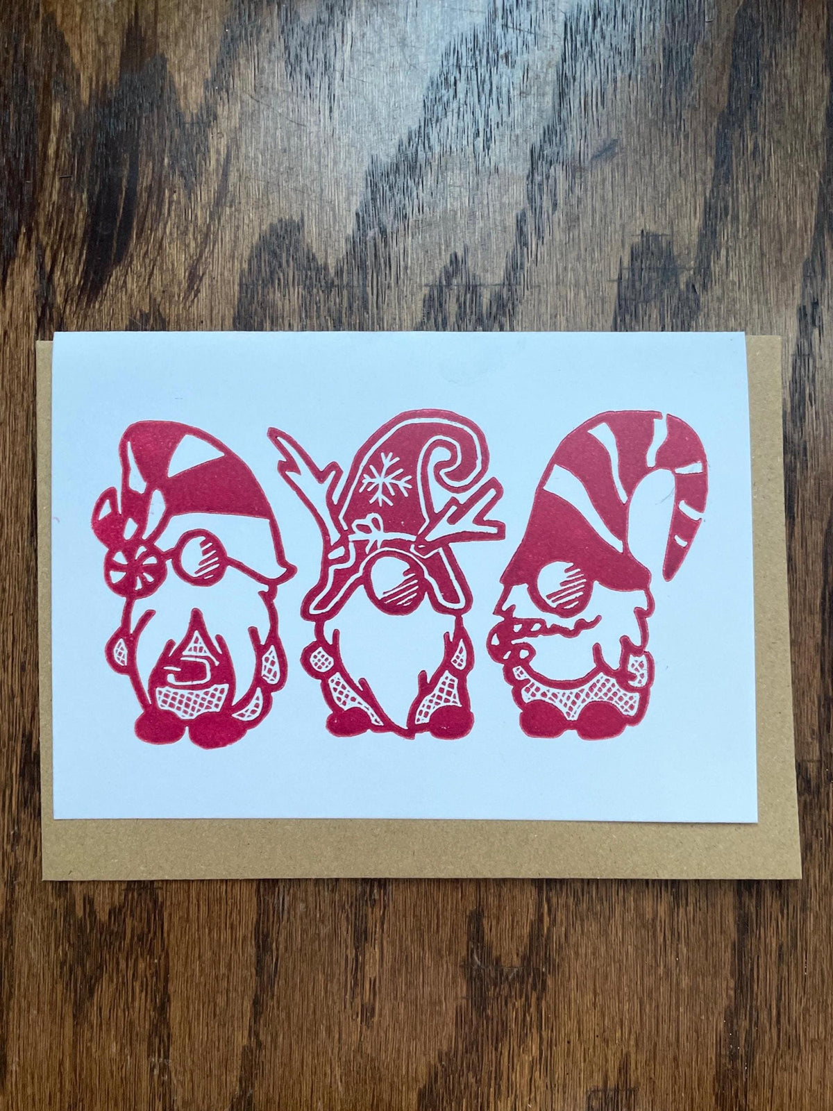 Holiday Gnomes Christmas Seasons Greetings Card, blank inside, envelope included