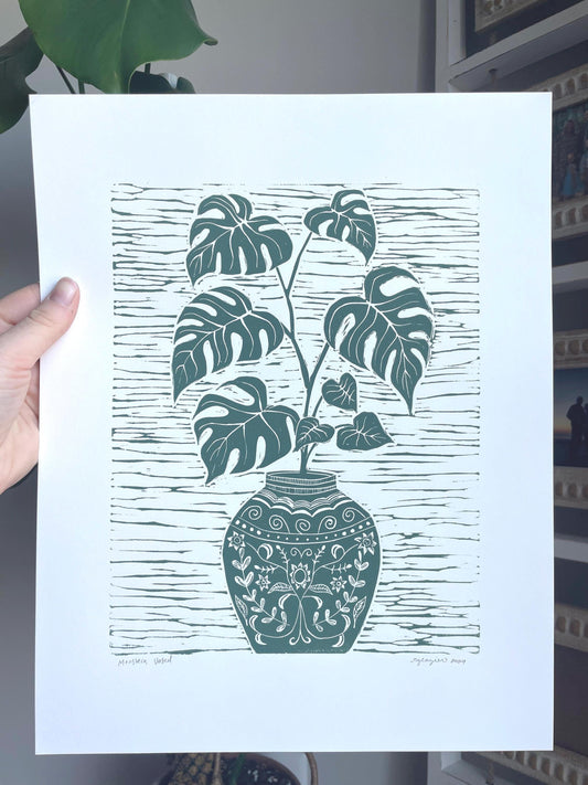 Monstera Vased 11x14 Linocut Block Print- Original Hand-Carved Linoprint