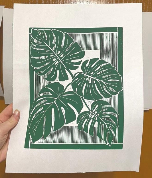 Monstera Leaves 11x14 Linocut Print- Original Hand-Carved Linoprint