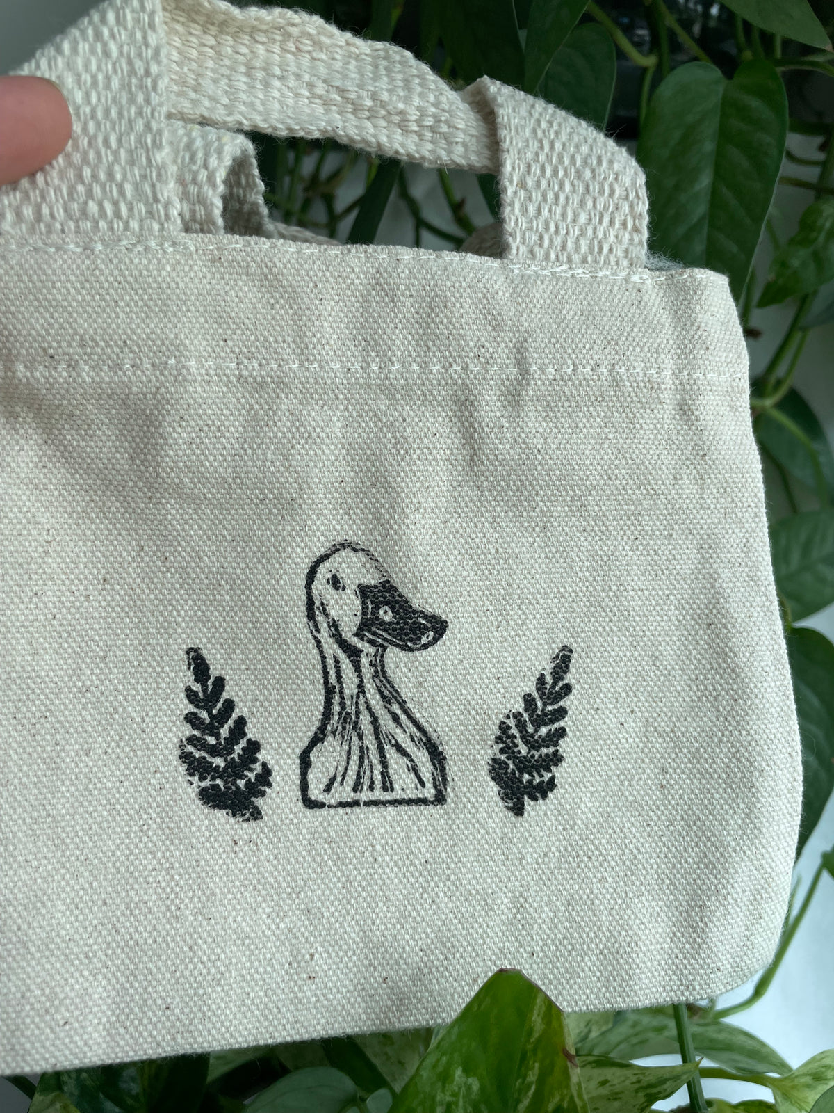 Duck and Ferns Mini Linocut Canvas Bag